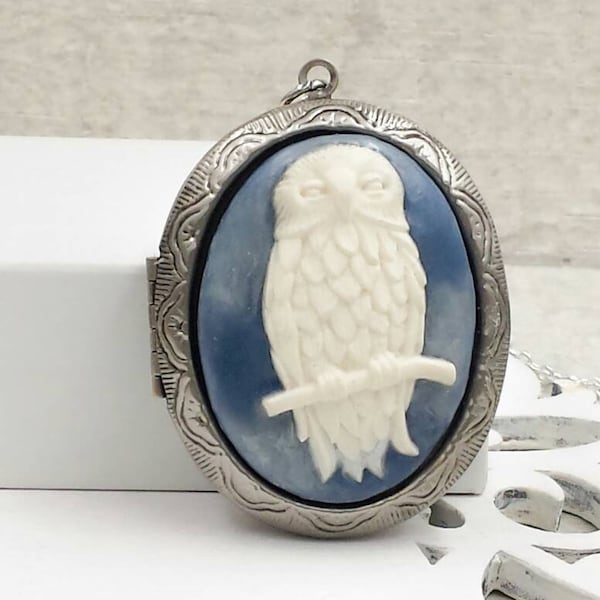 Owl Locket Bird Cameo Necklace Woodland Owl on Branch Large Oval Picture Locket Ivory Owl Dusky Blue Abstract Cloud Vintage Style Jewelry