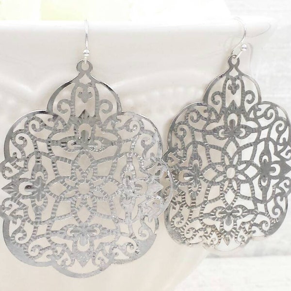 Lace Filigree Earrings Spanish Floral Motif Earrings Big Silver Filigree Lightweight Earrings Moroccan Jewelry Boho Wedding Bridesmaids Gift