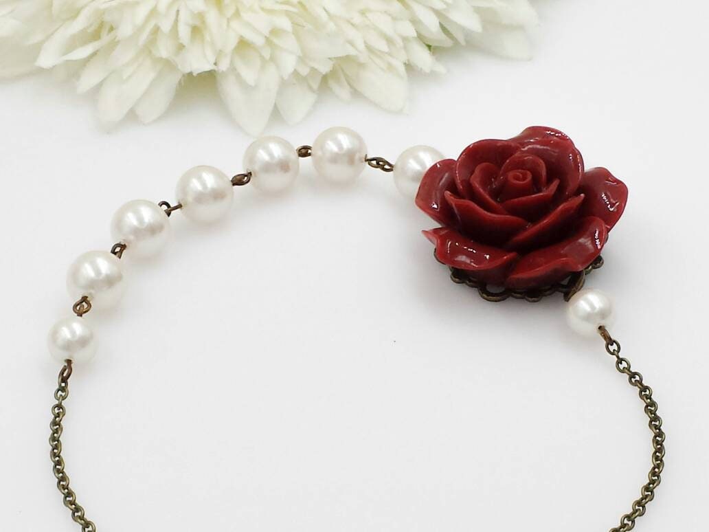 Red Rose Necklace Red and Ivory Pearl Necklace Floral - Etsy