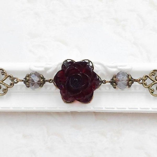 Oxblood Red Rose Necklace Maroon and Black Diamond Glass Crystal Choker Vampire Jewelry Romantic Dark Victorian Gothic Wedding Ren Faire