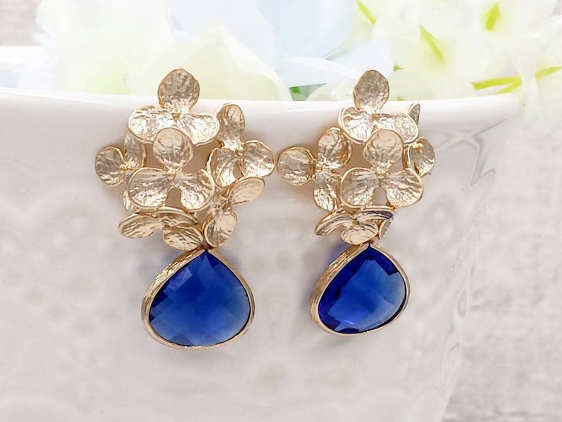 Royal Blue and Gold Earrings Gold Flowe Sapphire Blue Drop Post Earrings Cobalt Blue Earrings Wedding Bridal Bridesmaids Gift for Her