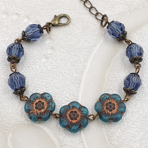 Blue Flower Bracelet= Translucent Czech Glass Floral Artisan Glass Crystal Adjustable