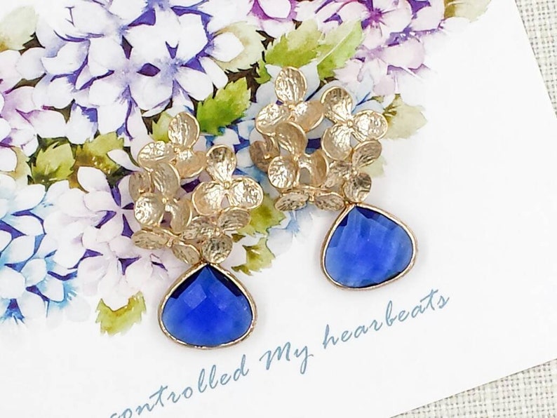 Royal Blue and Gold Earrings Gold Flowe Sapphire Blue Drop Post Earrings Cobalt Blue Earrings Wedding Bridal Bridesmaids Gift for Her