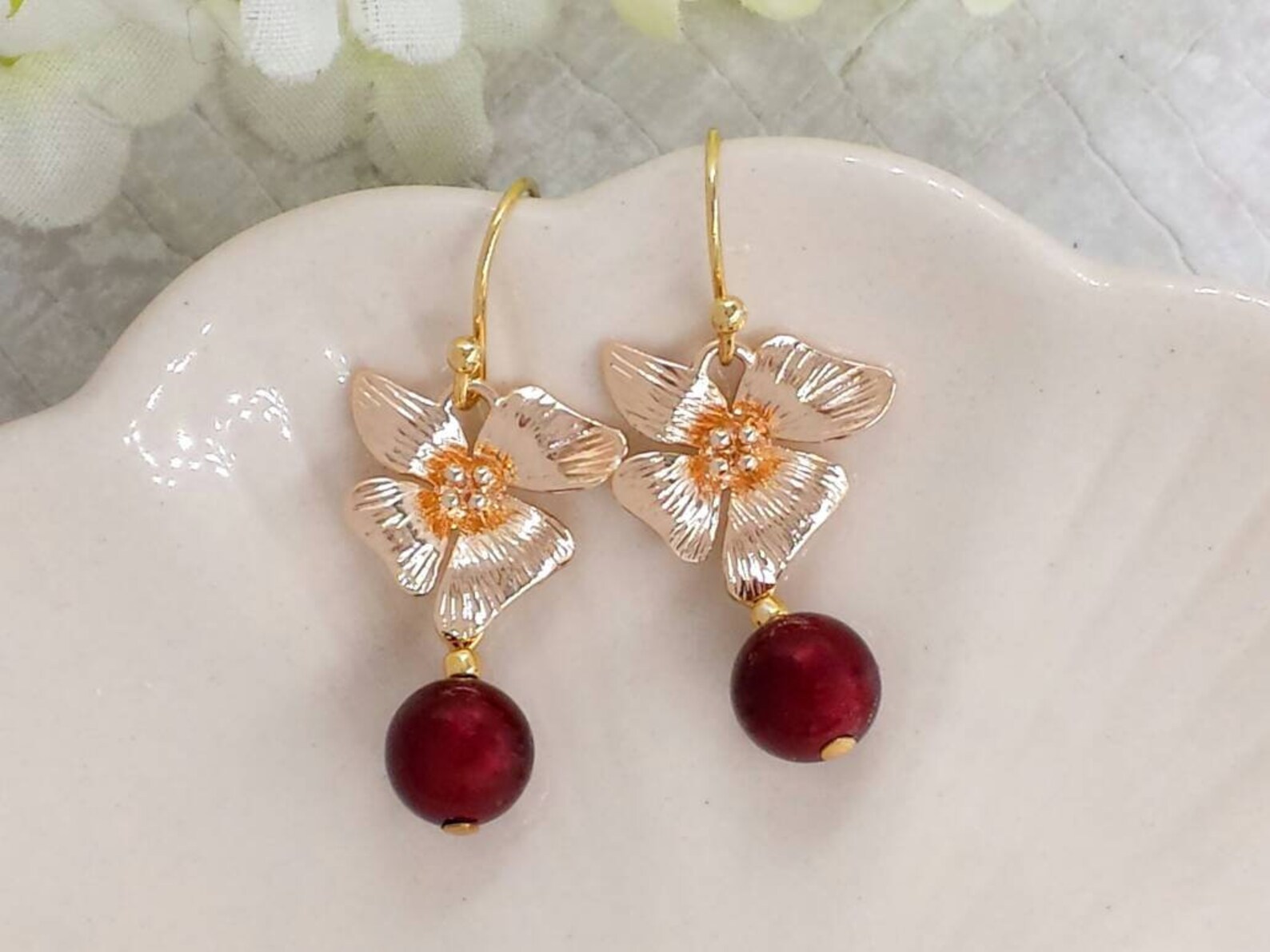 Orchid Earrings Burgundy Pearl Drop and Dangle Earrings Dark Etsy