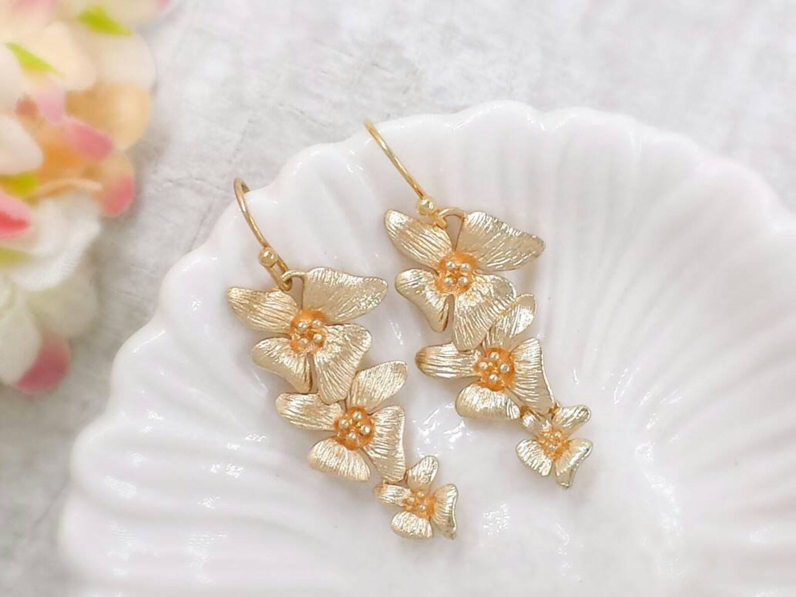 Gold Orchid Earrings Floral Cascading Earrings Trio Flower Etsy