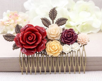 Red Wedding Hair Comb Red Rose Hair Comb Ivory Flower Burgundy Maroon Accessory Garden Vintage Wedding Bridal Headpiece Gift for Her
