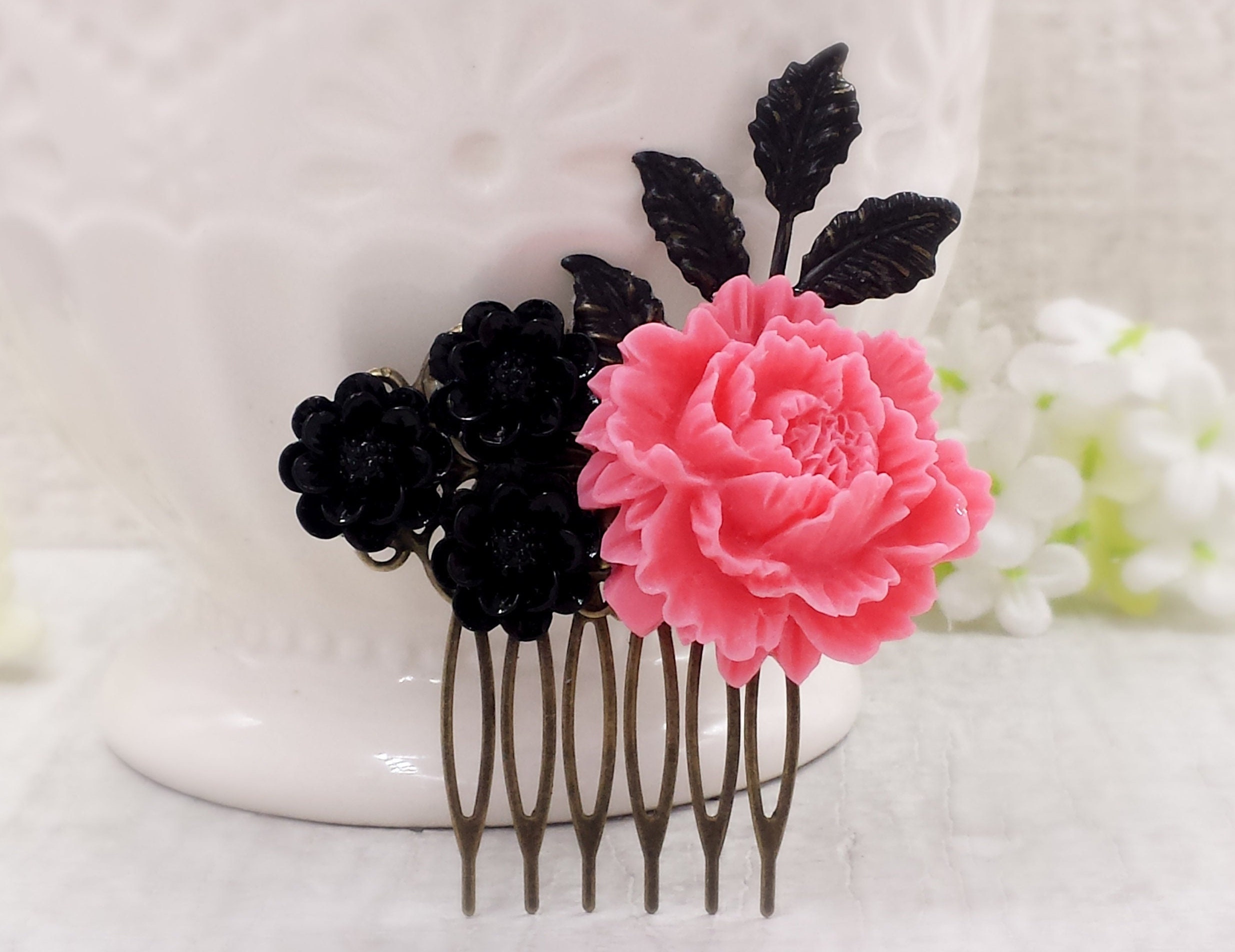 Pink and Black Flower Hair Comb- Peony Rose Leaf Branch  display picture 1