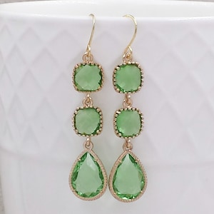 Peridot Earrings Light Green and Gold Long Dangle Earrings Wedding Prom Party Jewelry August Birthstone