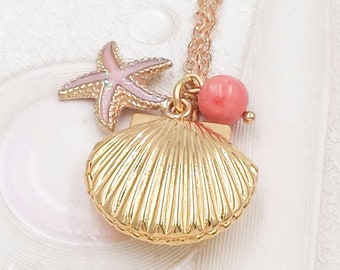 Seashell Locket Necklace Pink Coral Bead Sea Star Gold Sea Shell Pendant Silver Ocean Beach Jewelry Ariel Melody Mermaid Boho Wedding Gift