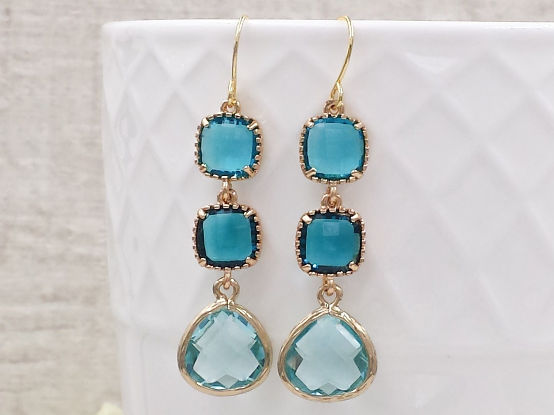 Blue and Gold Earrings Aquamarine London Blue Topaz Glass Jewel Drop — free download