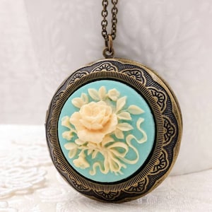 Blue Cameo Locket Necklace Ivory White Rose Cameo Victorian Blue Romantic Vintage Style Photo Locket Memories Keepsake Jewelry Gift for Her