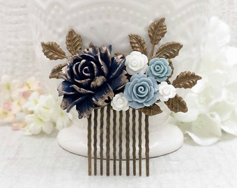 Navy Blue Hair Comb Gold Navy Blue Wedding Dusty Blue Rose Flower Comb Romantic Vintage Inspired Something Blue Bridal Comb