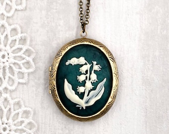 Lily of the Valley Locket Necklace Big Cameo Necklace Velvet Dark Green Ivory Floral Necklace Antiqued Style Photo Keepsake Green Jewelry