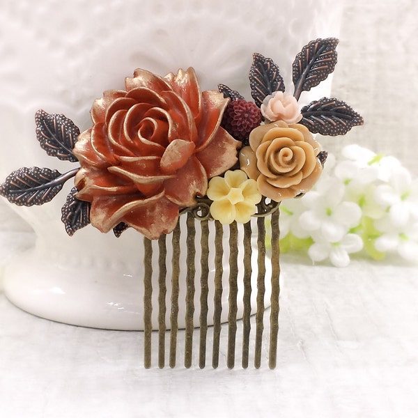 Burnt Orange Rose Comb Autumn Wedding Bridal Head Piece Red Copper Leaf Branch Comb Gold Hand Painted Flower Rustic Country Hair Accessories