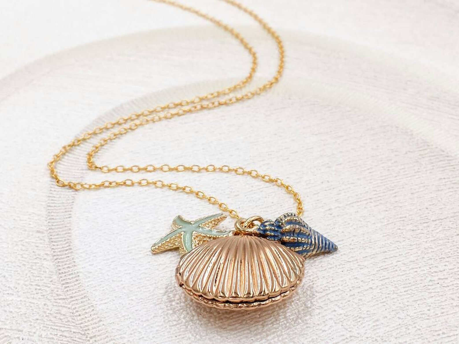 Seashell Locket Necklace- Gold Sea Shell Pendant Ocean Beach Ariel ...