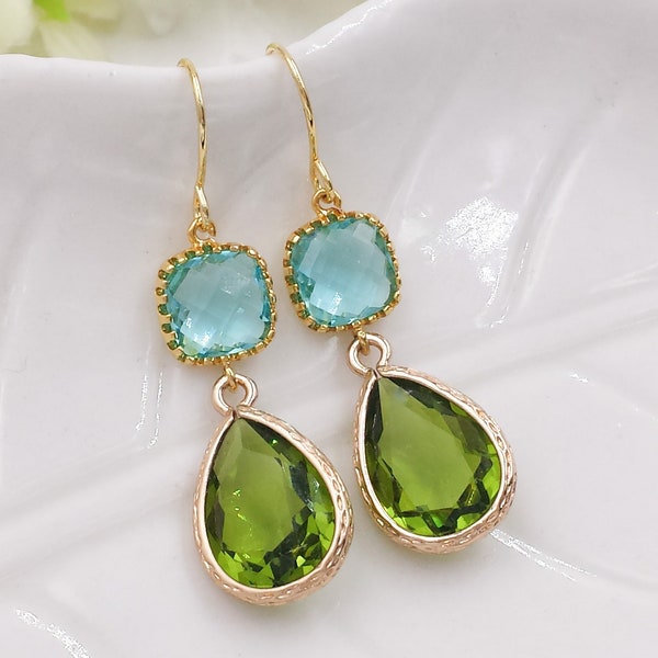 Peridot and Aquamarine Glass Crystal Earrings Green Gold Earrings Olivine Jewelry Wedding Prom Anniversary August Birthstone