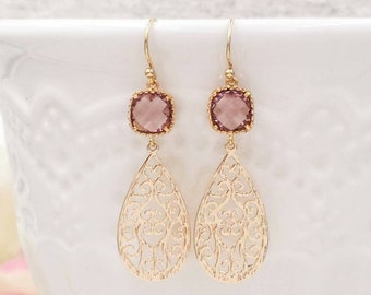 Gold Lace Filigree Earrings Purple Mauve Drop and Dangle Earrings Plum Floral Jewelry Prom Wedding Bridal Party Bridesmaid Mom Gift for Her