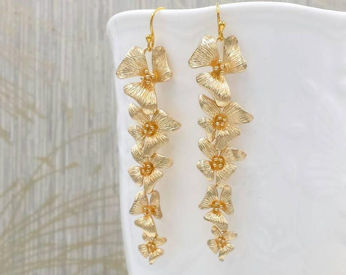 Gold Orchid Earrings Gold Cascading Orchid Flower Long Dangle Etsy