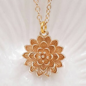 Dahlia Necklace- Gold Floral Pendant Chrysanthemum Louts Botanical Flower Jewelry Set Wedding Anniversary Birthday