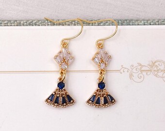 Art Deco Blue Crystal Fan Earrings- 1920s Style Jewelry