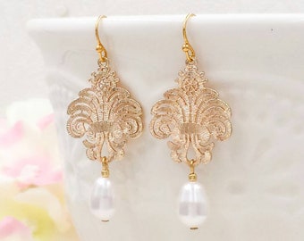 Gold Filigree Earrings, Swarovski Cream White Teardrop Pearl Earrings, Boho Chic Bohemian, Wedding Bridal Bridesmaid Mom Gift for Her