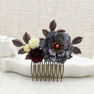 Black Peony Hair Comb Maroon Oxblood Dark Red Rose Hair Comb Red Copper Leaf Hair Accessories Romantic Victorian Wedding Gothic Ren Faire