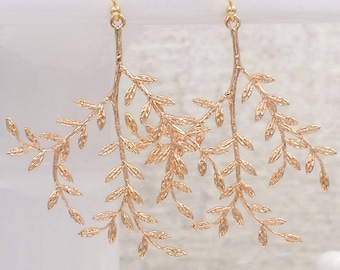 Gold Leaf Earrings Statement Jewelry Leafy Branch Earrings Nature Inspired Long Earrings Modern Women Earrings Woodland Wedding Gift for Her