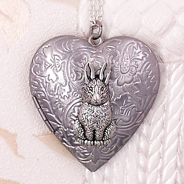 Rabbit Locket Necklace Bunny Heart Locket Hare Picture Locket Woodland Animal Easter Keepsake Jewelry Gift for Her