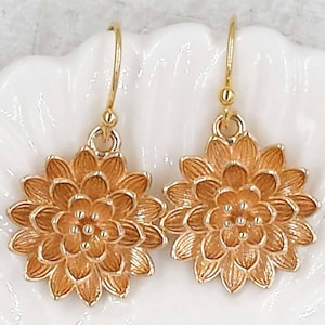 Dahlia Earrings Gold Floral Earrings Chrysanthemum Earrings Louts Earrings Botanical Flower Jewelry Wedding Bridal Bridesmaids Gift for Her