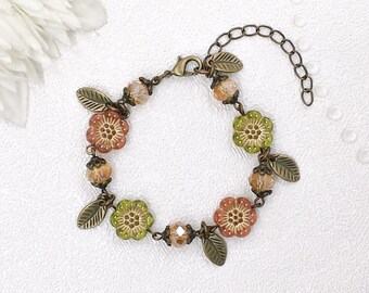 Autumn Flower Bracelet- Orange Peach Chartreuse Green Artisan Glass Flower Champagne Crystals Antiqued Leaf