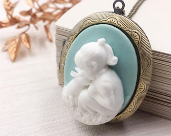Girl and Rabbit Cameo Locket Necklace Large Oval Locket Ivory Blue Brass Photo Locket Bunny Hare Animal Unique Locket Easter Gift