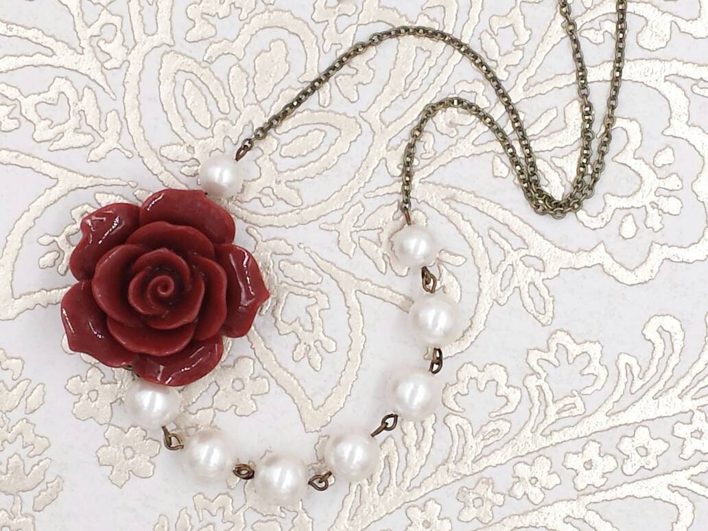 Red Rose Necklace Red and Ivory Pearl Necklace Floral Etsy