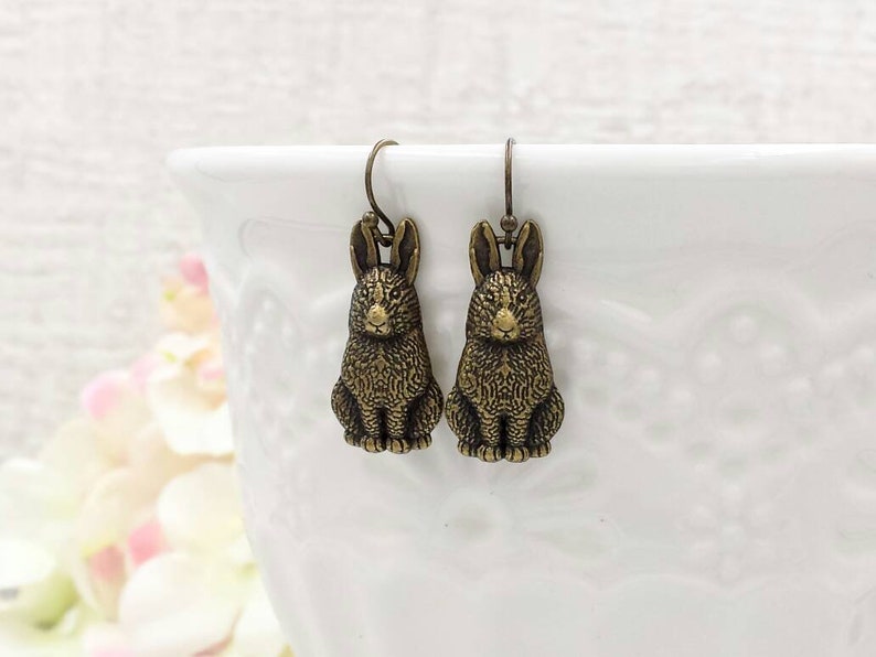 Rabbit Earrings Bunny Earrings Antiqued Brass Rabbit Earrings Etsy