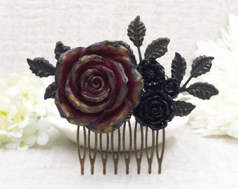 Dark Red Rose Hair Comb- Hand Painted Black and Gold Tipped Flower Leaf Branch