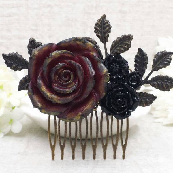 Dark Red Rose Hair Comb Hand Painted Black and Gold Tipped Flower Black Leaf Branch Hair Accessory Dark Victorian Gothic Wedding Ren Farie