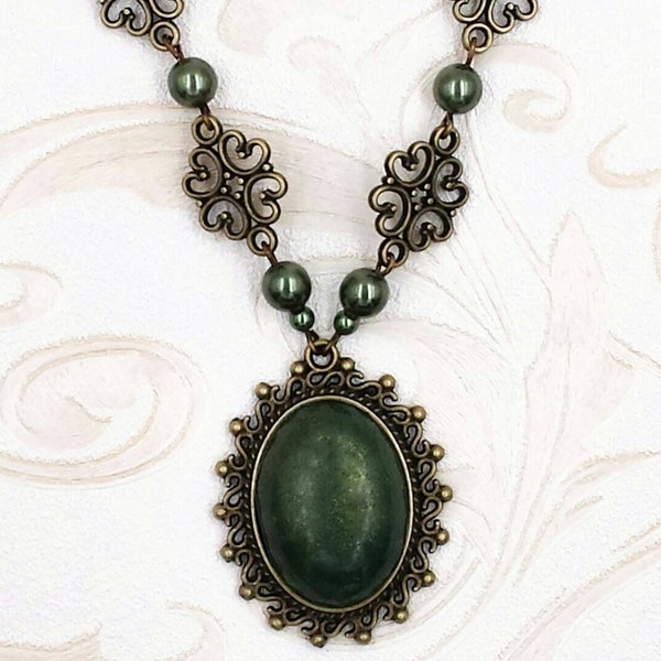 Victorian Cabochon Necklace Dark Green Crystal Pearl Earrings Antiqued Brass Filigree Bracelet Edwardian Victorian Jewelry Renaissance Faire