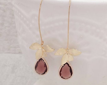 Orchid Flower Earrings Purple Burgundy Wedding Claret Violet Dark Purple Red Floral Long Dangle Teardrop Earrings Autumn Winter Jewelry Gift