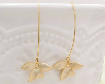 Gold Orchid Earrings- Flower Dangle Jewelry Wedding Prom Anniversary Birthday Matte/Shiny Gold/Silver