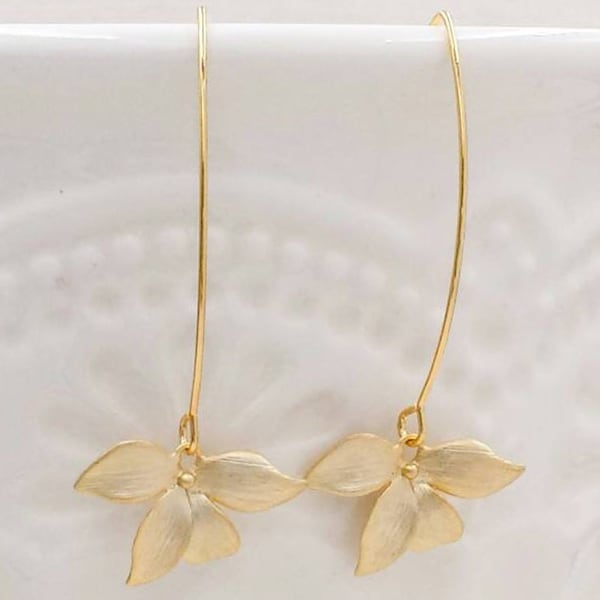 Gold Orchid Earrings Matte Gold Flower Earrings Shiny Gold Orchid Jewelry Wedding Bridal Bridesmaids Prom Anniversary Birthday Gift