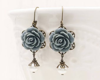 Blue Rose Earrings- Flower Necklace Dusty Blue Cream White Pearl Vintage Style Wedding Birthday