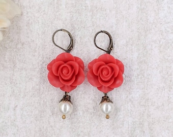 Red Rose Earrings Red Flower Cream White Pearl Earrings Vintage Inspired Romantic Wedding Bridal Jewelry Bridesmaids Gift Birthday Valentine