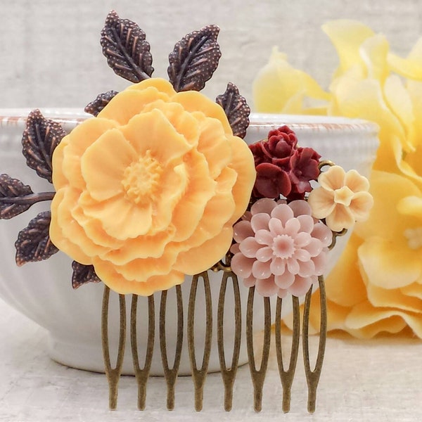 Autumn Meadow Yellow Peony Bridal Comb Burgundy Mauve Dusty Pink Chrysanthemum Flower Comb  Red Copper Leaf Country Wedding Bridesmaids Gift