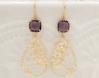 Gold Lace Filigree Earrings Amethyst Purple Glass Drop and Dangle Earrings Eggplant Purple Wedding Bridal Party Bridesmaid Mom Gift for Her