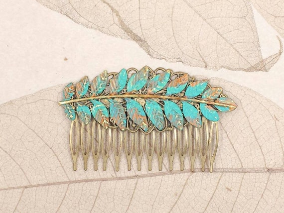 Leaf Hair Comb- Verdigris Patina Green and Gold Rustic 