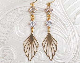 Art Deco Ohrringe- Fächer Kristall filigran Tropfen und baumeln Vintage Style 1920s Gatsby
