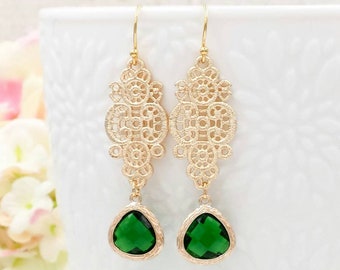 Emerald Green Earrings Gold Filigree Drop and Dangle Earrings Gold Lace Wedding Jewelry Wife Sister Mom Birthday Gift for Her