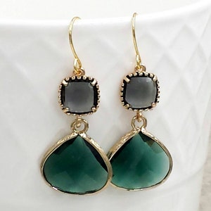 Emerald Green and Gray Earrings Dark Green Charcoal Grey Diamond Black ...