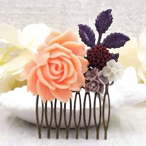 Autumn Wedding Flower Comb Sweet Blush Peach Rose Hair Comb Dark Red Chrysanthemum Purple Leaf Hair Accessory Romantic Rustic Gift for Her