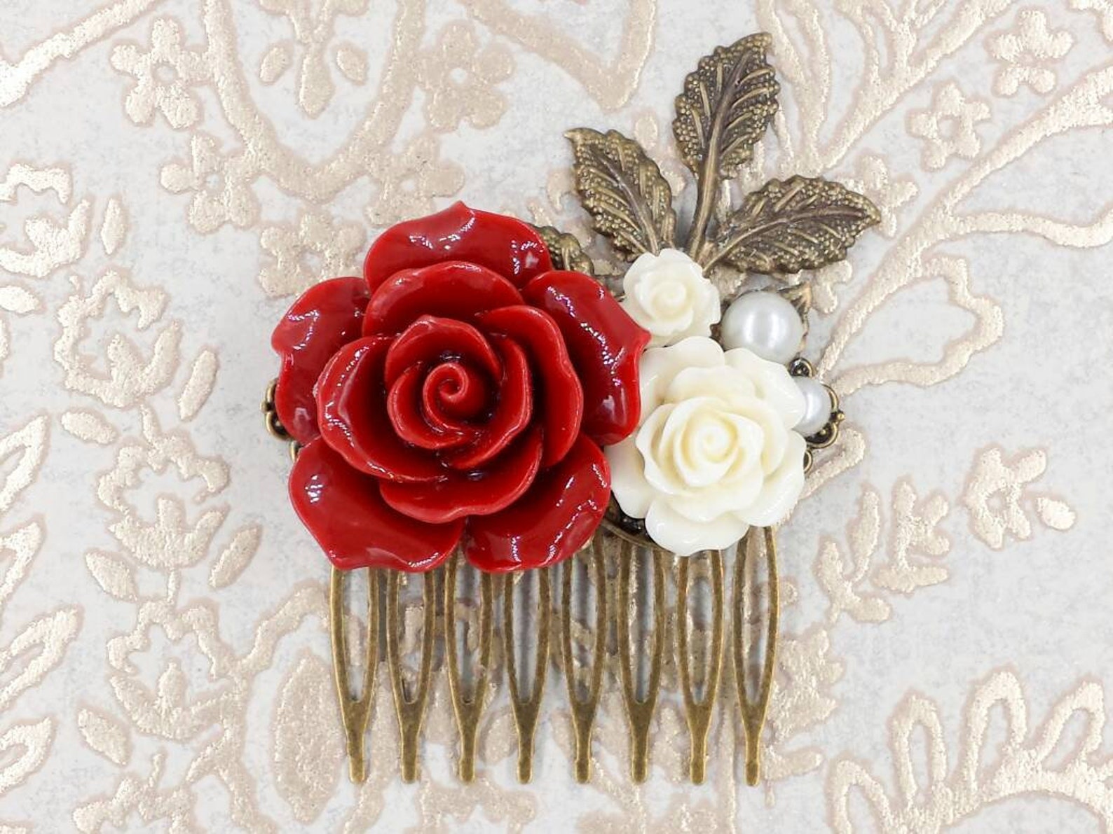 Red Rose Comb Red and White Floral Hair Comb Red Flower | Etsy