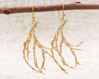 Gold Branch Earrings- Woodland Twig Botanical Forest Woodland Jewelry Boho
